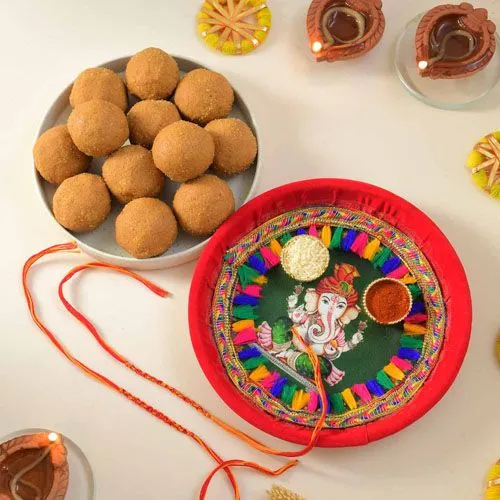 Sacred Threads Rakhi Set with Traditional Pooja Thali & Sweets