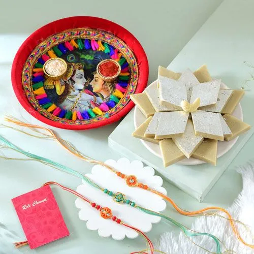 Set of 3 Rakhis with Pooja Thali & Sweets