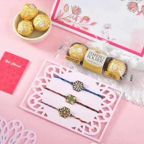 Vibrant Rakhi Trio & Chocolates Gift Set