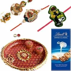 Impressive Combo of Family Rakhi Set With Rakhi Thali N Lindt Chocolate
