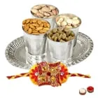 Tasty Dry Fruits in 4 Silver Glasses and Tray with Free Rakhi, Roli Tilak and Chawal 