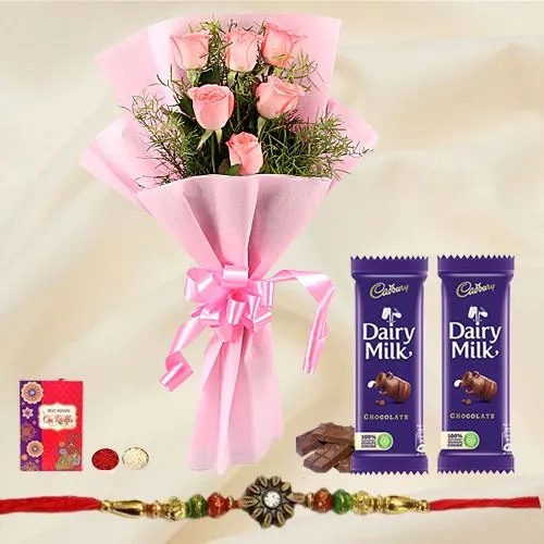 2 pcs Dairy Milk 6 Pink Rose Bunch with Designer Rakhi