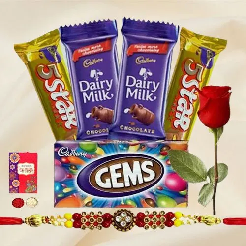 2 pcs Dairy Milk 1 pc Gems 2 pc 5star 1 Designer Rakhi 1 Rakhi Card with Single Red Rose