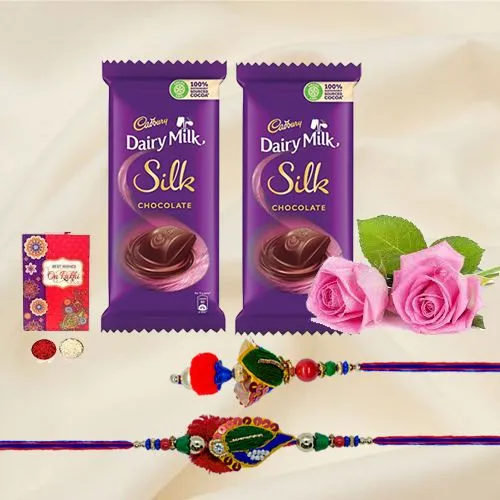 2 Dairy Milk Silk with Bhaiya Bhabhi Rakhi, 2 Pink Roses & Free Rakhi Card