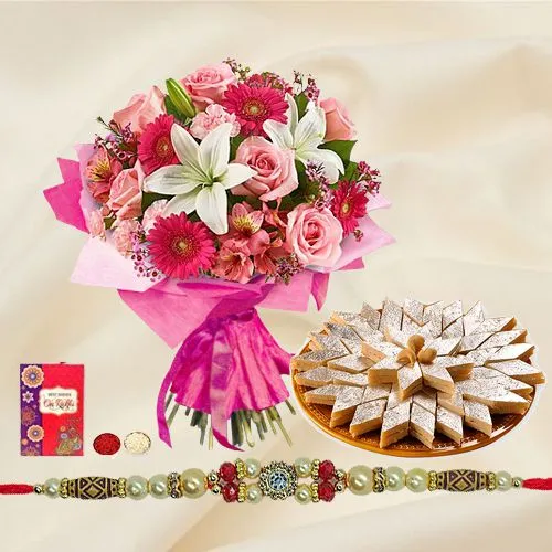 Kaju Katli and Seasonal Flowers Bouquet with Free Rakhi