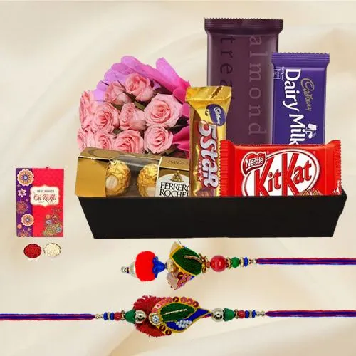 Sweet N Savory Chocolate Hamper with Pink Roses with Bhaiya Bhabhi Rakhi, Roli, Tilak and Chawal