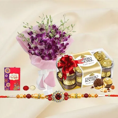 Ferrero Rocher Chocolates n Rakhi with Orchid Bouquet