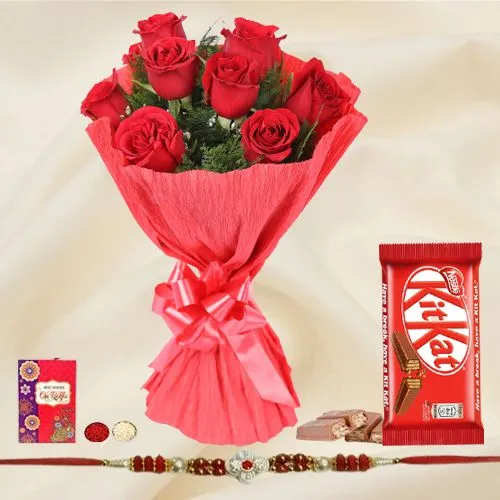 Rakhi with Red Roses and a free Kitkatt chocolate Pack