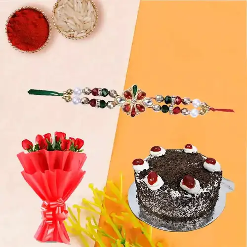 Rakhi with  Red Roses n Black Forest Cake