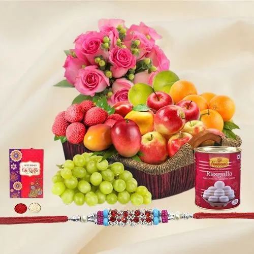 Basket Hamper of Fresh Fruits and Rose Bouquet with 1 Regular Rakhi and Roli Tilak Chawal