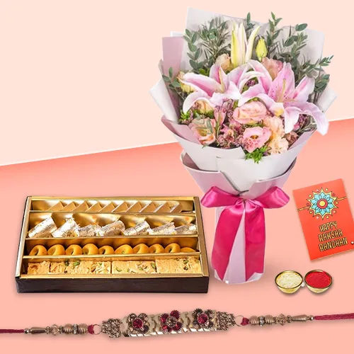 Lively Bunch of Amazing Flowers with 250 Assorted Sweets with One pc. Rakhi