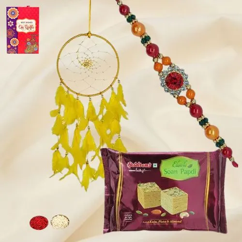 Dazzling Stone Rakhi with Feng Shui Showpiece N Tasty Soan Papdi