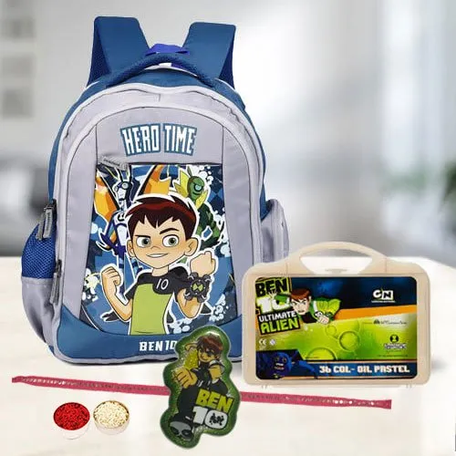 Exciting Ben 10 Kids Rakhi with School Bag N Oil Color Set