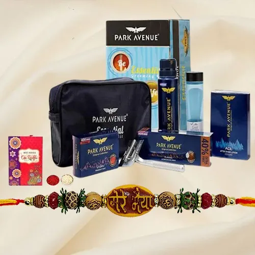 Dazzling Mera Bhaiya Rakhi with Park Avenue Mens Essential Kit