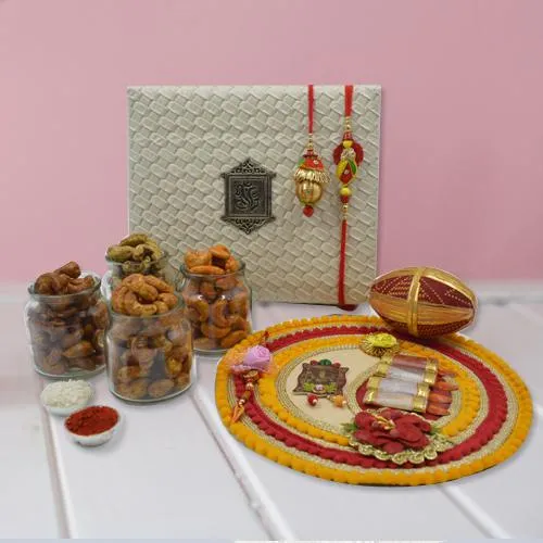 Trendy Bhaiya Bhabhi Rakhi with Flavored Cashews n Pooja Thali