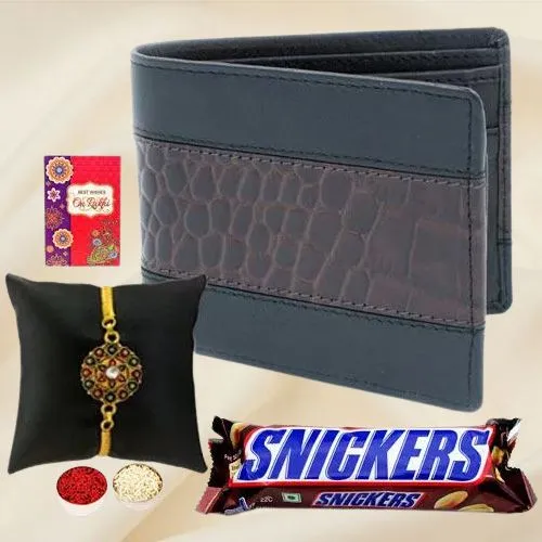 Elegant Gold Plated Rakhi with Gents Wallet N Snicker Chocolate