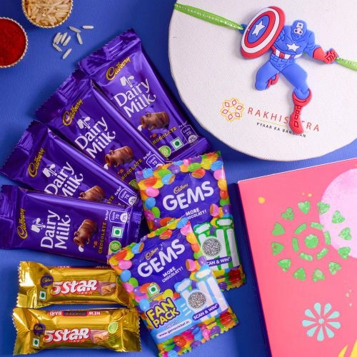 Cheerful Captain America Rakhi N Cadbury Celebrations Combo