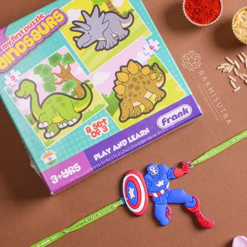 Exclusive Captain America Rakhi N Dino Puzzle Gift