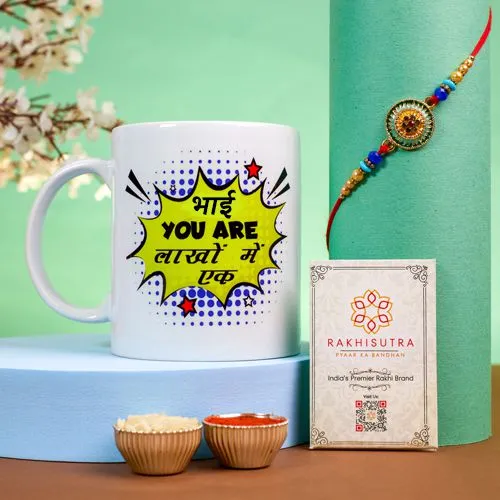 Joyful Kundan Rakhi N Fun Quote Mug Gift Set