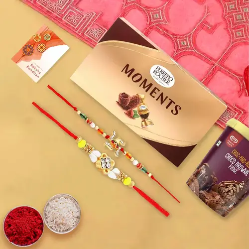 Designer Rakhi Pair with Ferrero Rocher N Kwality Walls Ice Cream