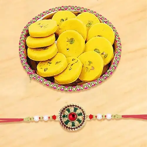 Designer Rakhi n Kesaria Peda Combo