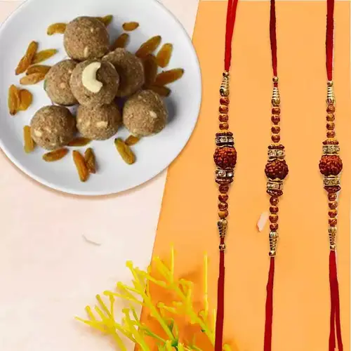 Fabulous Rudraksha Rakhi Trio with Besan Laddoo