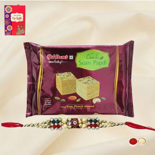 Soan Papdi from Haldiram with 1 Free Rakhi, Bhaiya Bhabhi Rakhi, Roli Tilak and Chawal