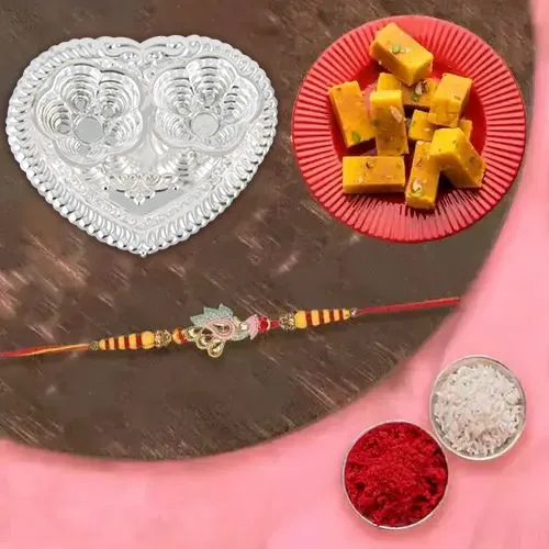 Rakhi with Soan Papdi  & Silver Plated Thali