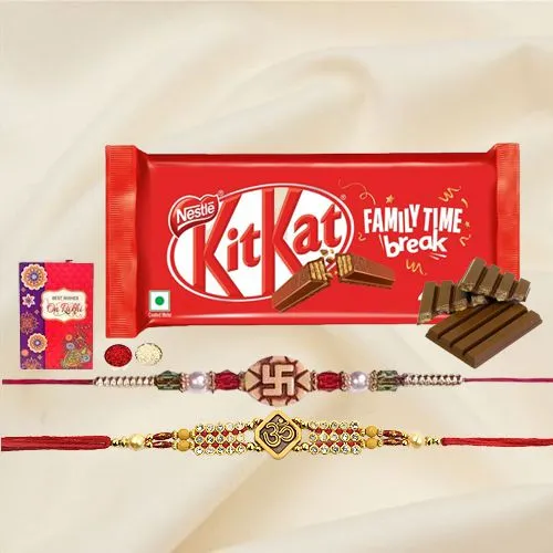 Traditional Set of 2 Rakhis with Kitkat Bar n Rakhi Card