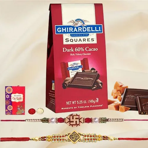 Fancy Rakhi Pair with Ghiradelli Chocolates, Roli Tika n Card