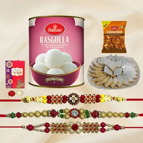 Fancy Set of 3 Rakhis with Haldirams Sweets n Savory