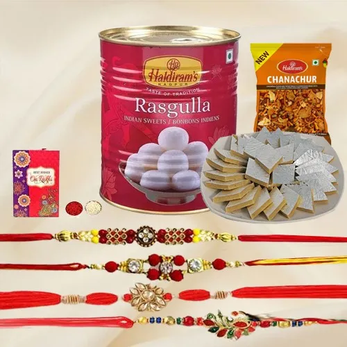 Classy Set of 4 Rakhi with Haldiram Sweets n Chanchur