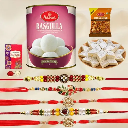 Charming Set of 5 Rakhi with Haldirams Sweets n Savory