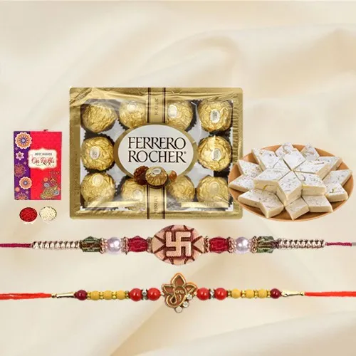 Ethnic Rakhi Pair with Kaju Katli n Ferrero Rocher