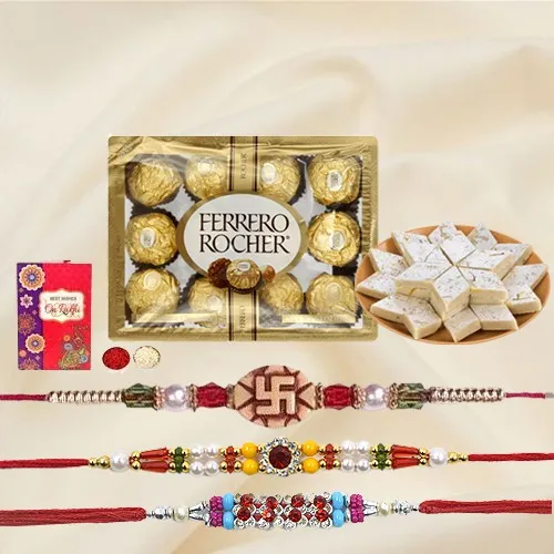 Designer Set of 3 Rakhi with Kaju Katli n Ferrero Rocher