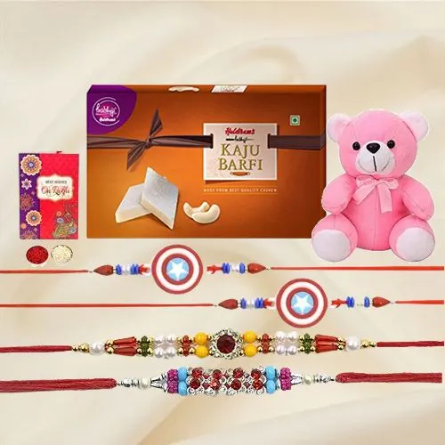 Ethnic Pair of Rakhi n Kids Rakhi with Teddy n Kaju Katli