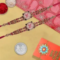 Sacred Swastik Rakhis Duo With Silver Coin