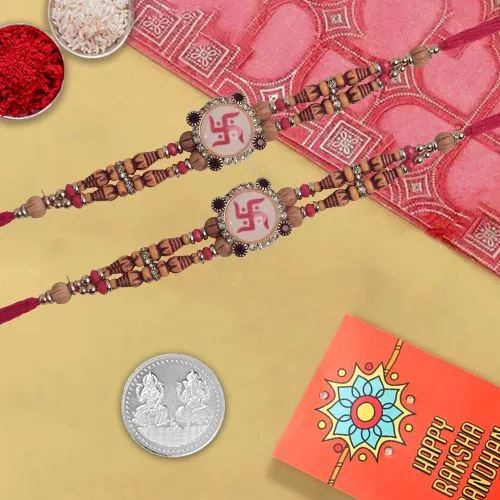 Swastik Blessings Rakhi Set With Silver Coin
